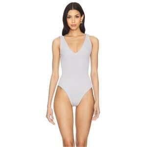 Hunza G Sadie V Neck Shimmering Silver Scrunch One Piece Swimsuit OS
